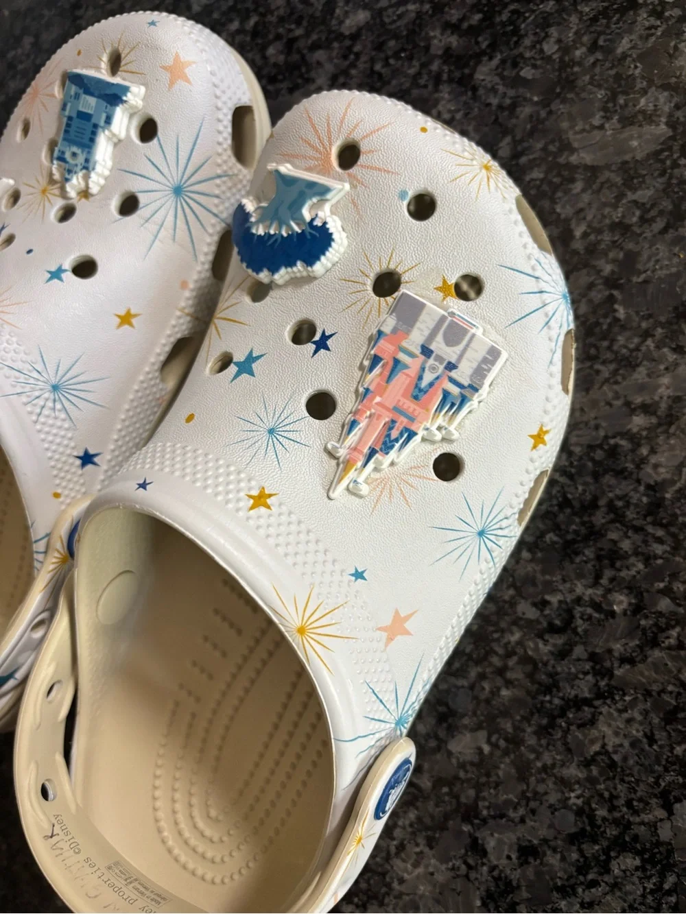 Size 6  White Sparkle Theme Clog Shoes with Blue Accents